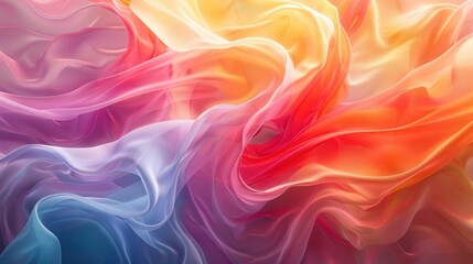 Delicate waves of red and pink colors gently intertwine with rich yellow and deep blue