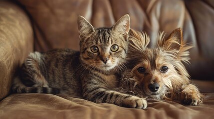 Charming pet portrait of a small dog and cat sitting together, highlighting their unique personalities and adorable friendship in a striking composition, perfect for animal lovers, pet-themed art, and