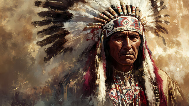 Blackfoot chief wearing feathers in traditional native american attire. concept portraits, native american culture, traditional attire, feathers, blackfoot chief. Native American Powwow. Illustration
