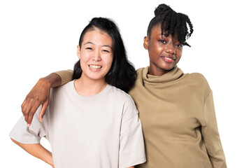 Fototapeta premium Png African American and Asian woman in plain t-shirts for apparel shoot