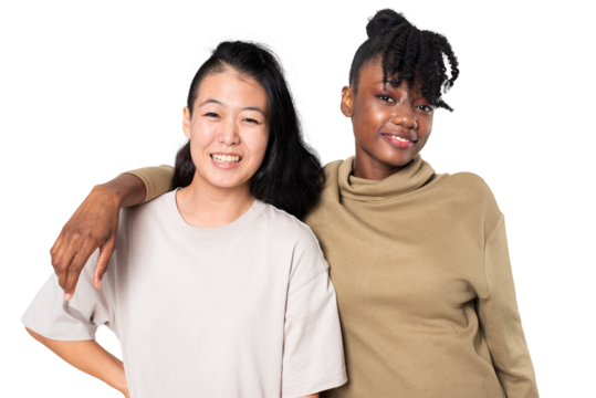 Png African American and Asian woman in plain t-shirts for apparel shoot