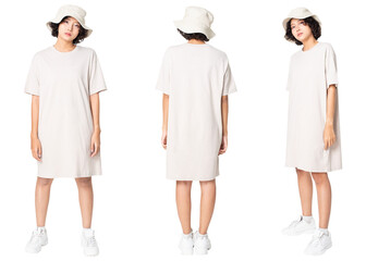 Woman png mockup in t-shirt dress  with bucket hat casual wear full body set