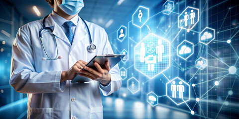 A medical professional using a tablet, surrounded by digital icons representing healthcare and medical technology, set in a modern hospital environmen
