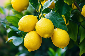 A close-up of vibrant yellow lemons hanging from a green leafy branch, showcasing freshness and natural beauty.