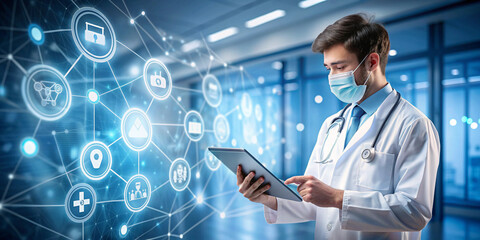 A medical professional using a tablet, surrounded by digital icons representing healthcare and medical technology, set in a modern hospital environmen