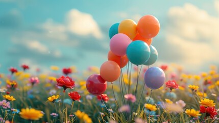 This joyful image highlights the beauty of spring with bright balloons set against a colorful flower field, perfect for gatherings