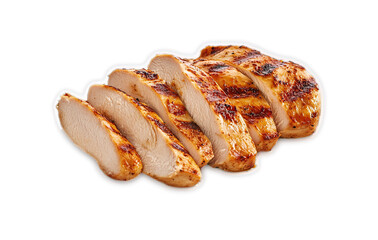 Closeup of grilled chicken breast slices with grill marks on a black background