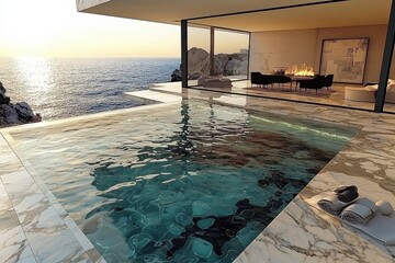 Luxurious infinity pool overlooking ocean view with modern glass villa in background