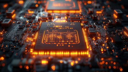 A futuristic 3D rendering of a circuit board close-up displays digital waves and glowing patterns, symbolizing advanced technology.