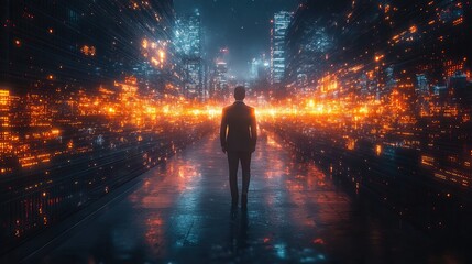 A futuristic business environment is portrayed by a businessman navigating through a city equipped with advanced network capabilities.
