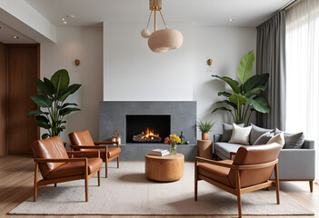 Brown leather chairs and grey sofa in room with fireplace. Mid-century style home interior design of modern living room