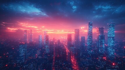 Fototapeta premium A futuristic cityscape in the metaverse, showcasing smart data skyscrapers and the integration of business and technology.