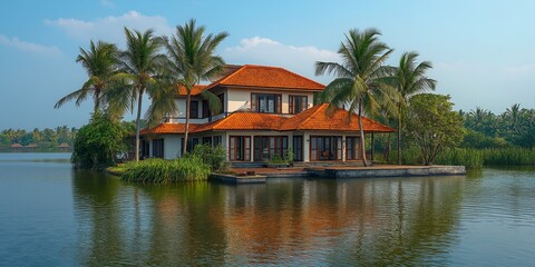 Fototapeta premium A scenic house with red tiled roof surrounded by palm trees on a serene lake under blue sky