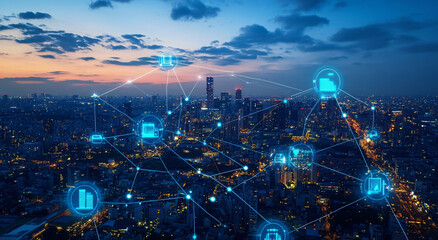 Wide-angle aerial view of the city skyline at night, with glowing connections between buildings and streetlights forming intricate networks representing smart urban infrastructure, featuring digital b