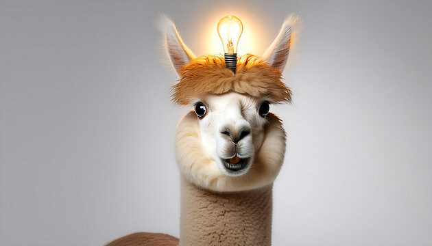 bright idea alpaca with lightbulb on head