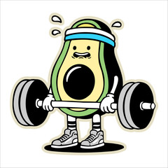 Hand-drawn Mr. Avocado at the gym lifting weights illustration. Creative sticker symbolizing fitness, health, and humor. Vector illustration for food lovers, gym enthusiasts, and quirky designs.