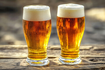 Two glasses of golden beer with frothy tops, placed on a wooden surface, suggesting a casual drinking experience.