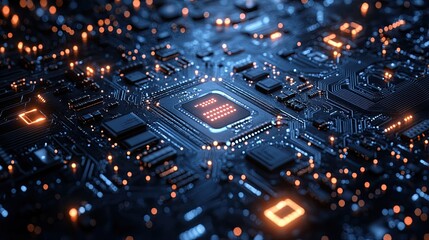 Obraz premium A graphic design of a dark blue circuit board emphasizes high-tech themes, highlighting the intricate details of digital connectivity.