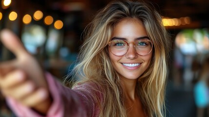 Obraz premium Radiant blonde smiling with stylish glasses and warm lighting