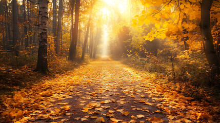 Obraz premium A forest trail covered in a blanket of golden leaves, with sunlight streaming through the trees