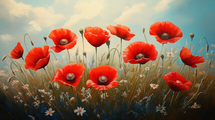 Obraz premium Scenic View of a Summer Field Blanketed in Red Poppies