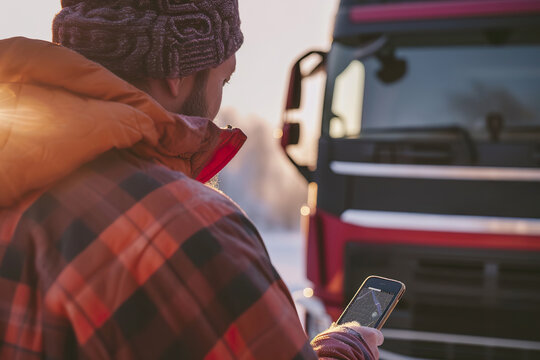 The truck driver checks tracking app on smartphone beside his truck