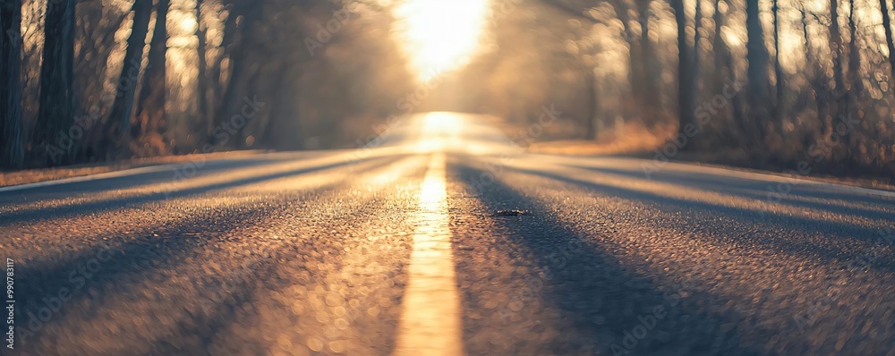 Wall mural a serene view of a long road stretching toward the horizon, illuminated by golden sunlight filtering