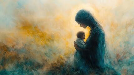 ethereal watercolor nativity scene with soft muted colors focusing on mary cradling baby jesus surrounded by a dreamy abstract background
