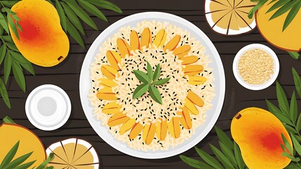 Mango rice with sesame seeds and mint leaves on a wooden table.