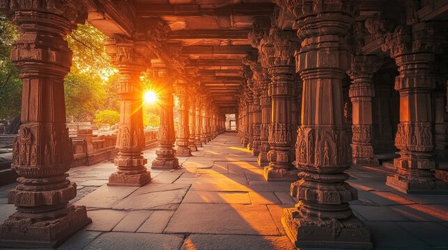 Majestic temple pillars bathed in warm sunset light, highlighting India's architectural finesse and spiritual heritage.