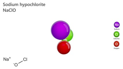 Animated 3d model of Sodium hypochlorite NaClO. Sodium hypochlorite, an inorganic sodium salt.It is used as a bleaching and disinfecting agent in household products. White background.3D rendering