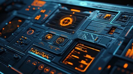 A futuristic control panel with glowing orange elements and intricate displays, showcasing advanced technology and digital interfaces.