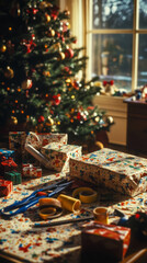 1980s-inspired Christmas morning scene with a decorated tree