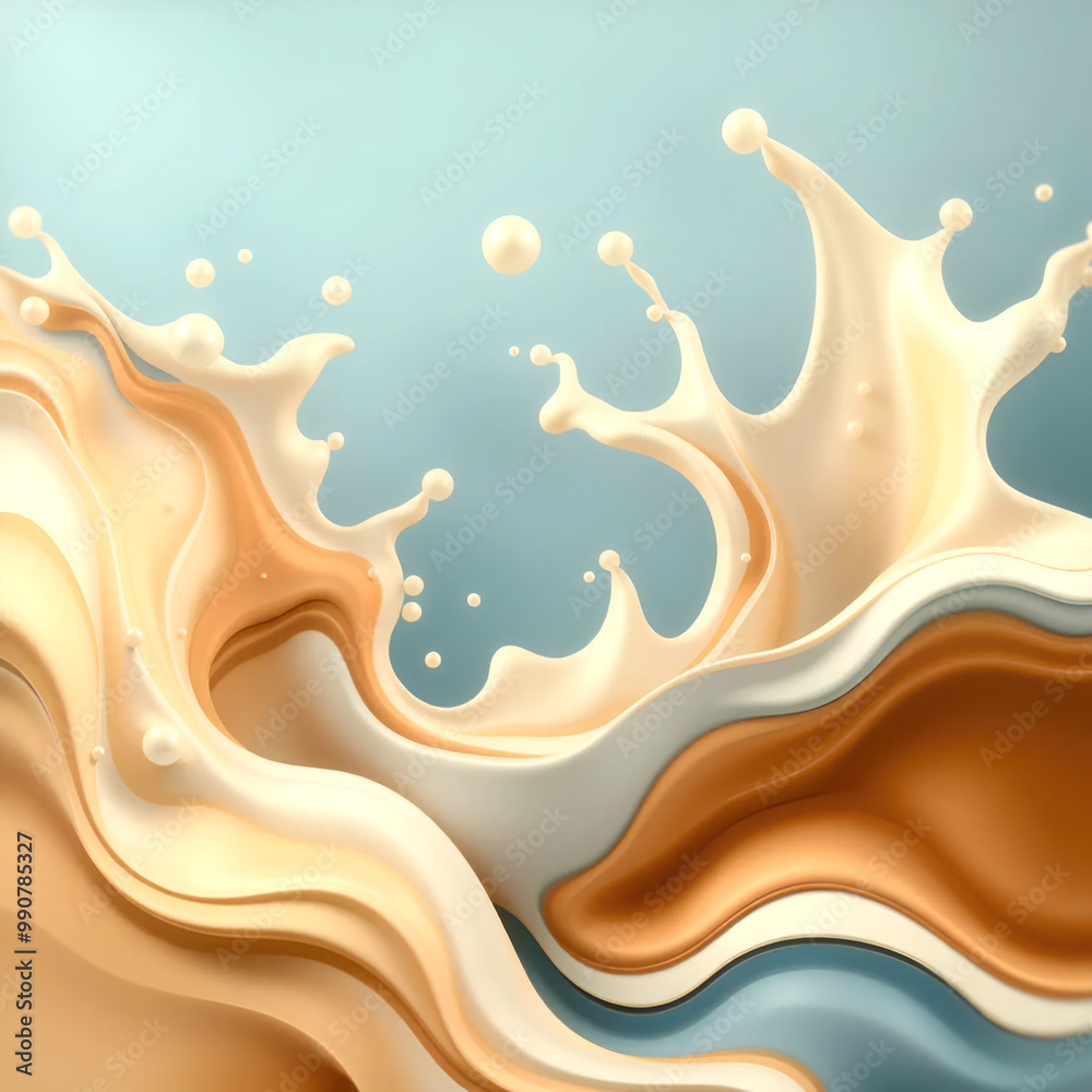 Poster Organic lines of milk and coffee create a dynamic abstract composition on a light blue background. Design element