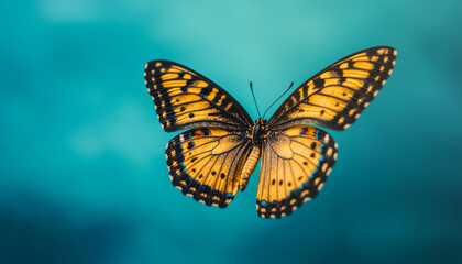 Fototapeta premium A vibrant orange butterfly gracefully flutters against a soft blue background, showcasing nature's beauty and delicacy.