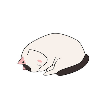 recommend clip art: Doodle white cat with black tail lying asleep with its nose hidden. Simple vector illustration isolated