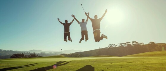 Three male golfers happily jump on a sunny golf course with mountains in the background, possibly celebrating a tournament win.