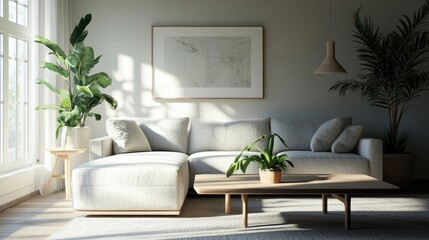 A spacious living room with a light gray sectional sofa, a wooden coffee table, and a large indoor plant by the window