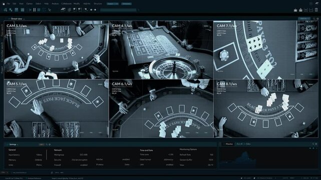 CCTV Security Footage Displays Multiple Casino Tables. Screens Show Blackjack, Roulette, Poker Games. Hands Placing Chips, Dealing Cards, Roulette Wheel. Surveillance Software Template Split Screen