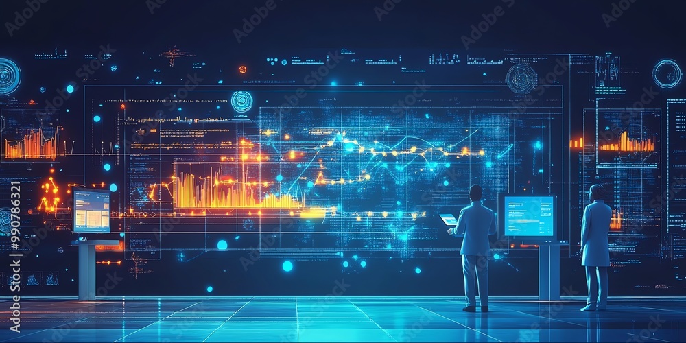 Poster two people stand in front of a large digital screen displaying data visualizations.