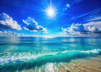 Fototapeta premium A calming ocean scene with gentle waves and a clear blue sky, ideal for fostering relaxation and tranquility in any peaceful environment.