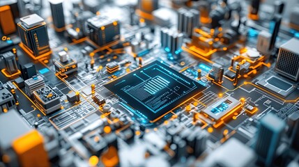 Obraz premium A modern office setting where a team collaborates on a startup presentation, utilizing digital interfaces and high-tech diagrams.