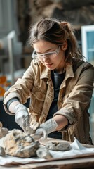 Fototapeta premium A focused female potter in her studio wearing protective gear molds clay amidst sculptures and tools, creating a warm, industrious atmosphere.
