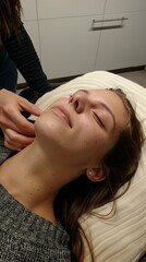 Naklejka premium A blonde woman smiles with eyes closed on a white couch as a therapist massages her face near the cheek in a serene spa setting.