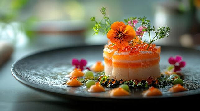 Naklejki exquisite plated dish michelinstar presentation vibrant colors artistic food arrangement gourmet culinary art