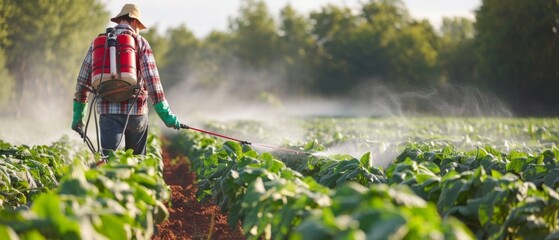 Male farmer spraying soybean crops in a dense, green field with a backpack sprayer. He wears a green shirt, red sleeves, and a red/green hat. Light brown patches of soil visible.