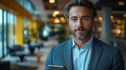 Fototapeta premium A professional businessman uses a digital tablet in his office, exemplifying the integration of modern technology in the workplace.