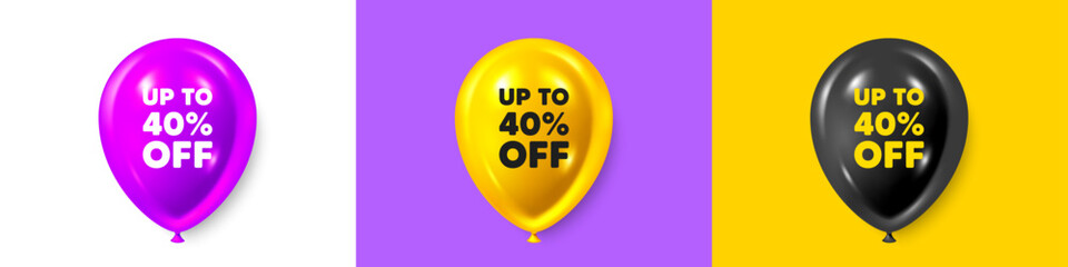 Birthday balloons 3d icons. Up to 40 percent off sale. Discount offer price sign. Special offer symbol. Save 40 percentages. Discount tag text message. Party balloon banners with text. Vector