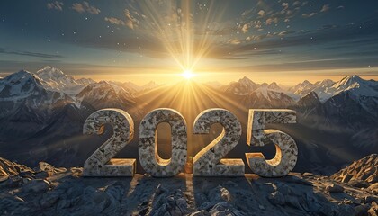 Majestic stone 2025 at sunrise over mountain range, symbolizing new beginnings and resolutions