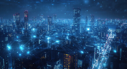 Fototapeta premium Wide-angle aerial view of the city skyline at night, with glowing connections between buildings and streetlights forming intricate networks representing smart urban infrastructure, featuring digital b